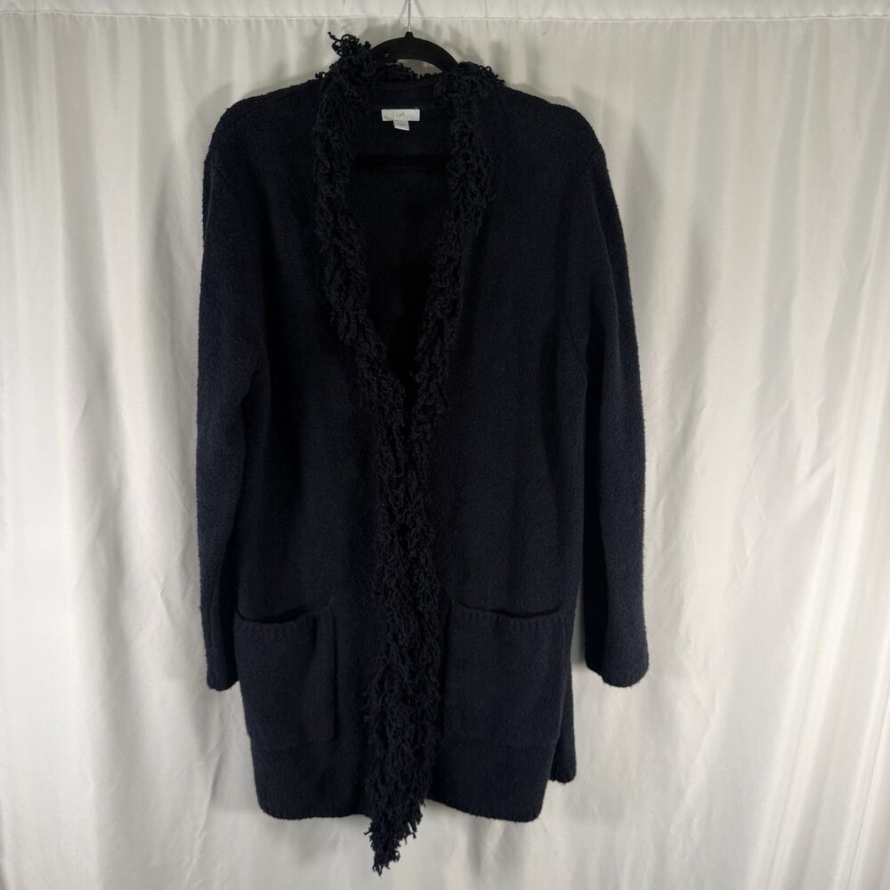 J Jill Cardigan Women's Large Blue Fringe Trim Hook Eye Front Long Sleeve - Picture 1 of 11